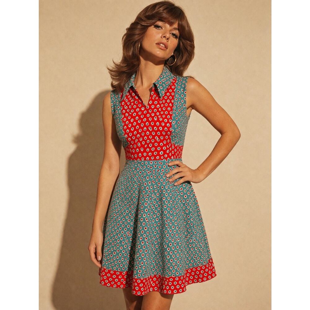 Vintage Red and Teal Sleeveless Midi Dress